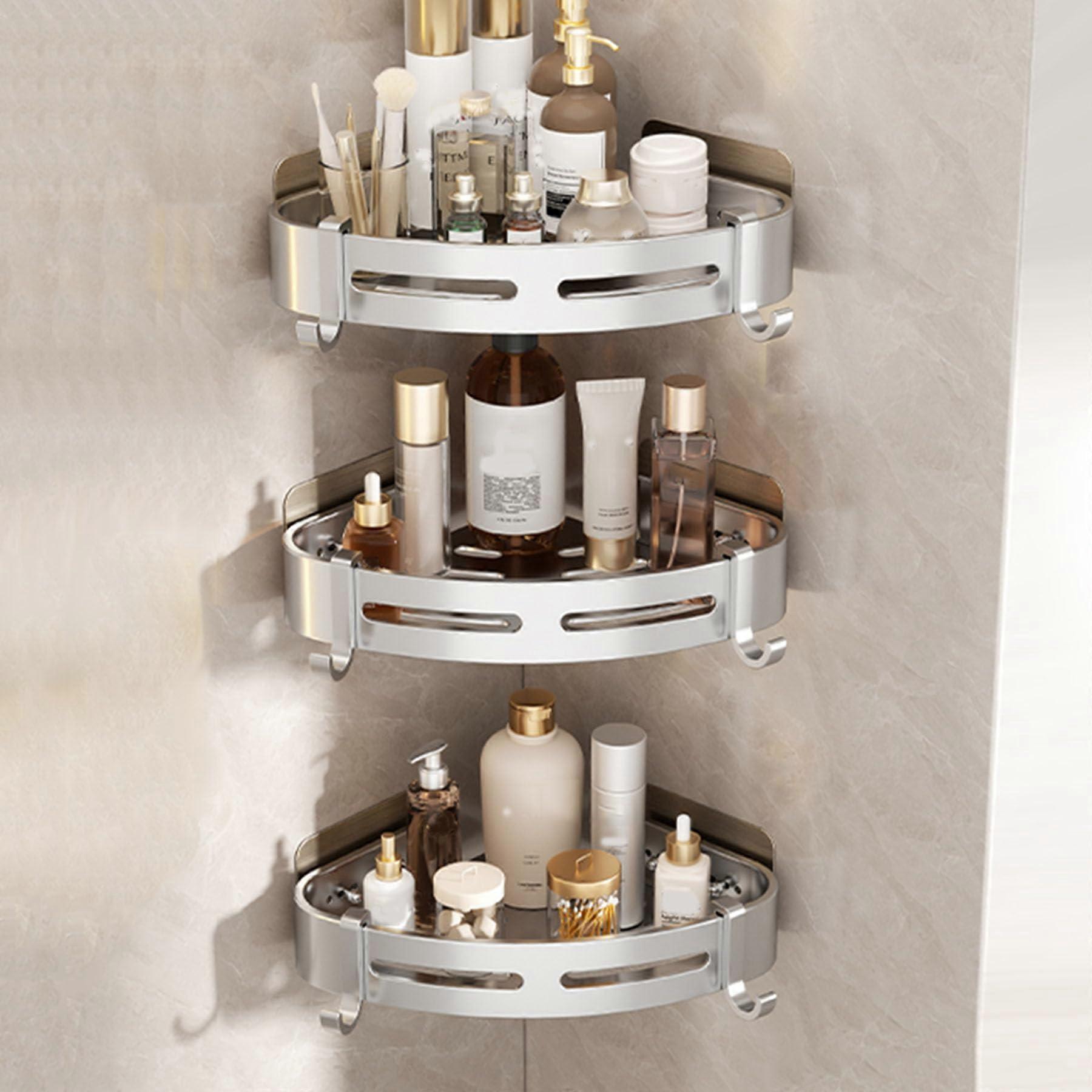 Corner Triangle Shower Caddy Silver E with Adhesive No Drill Installation, Rust Proof