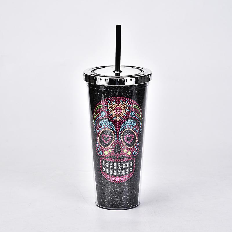 Double-layer plastic straw cup diamond creative skull water cup halloween large-capacity drink cup