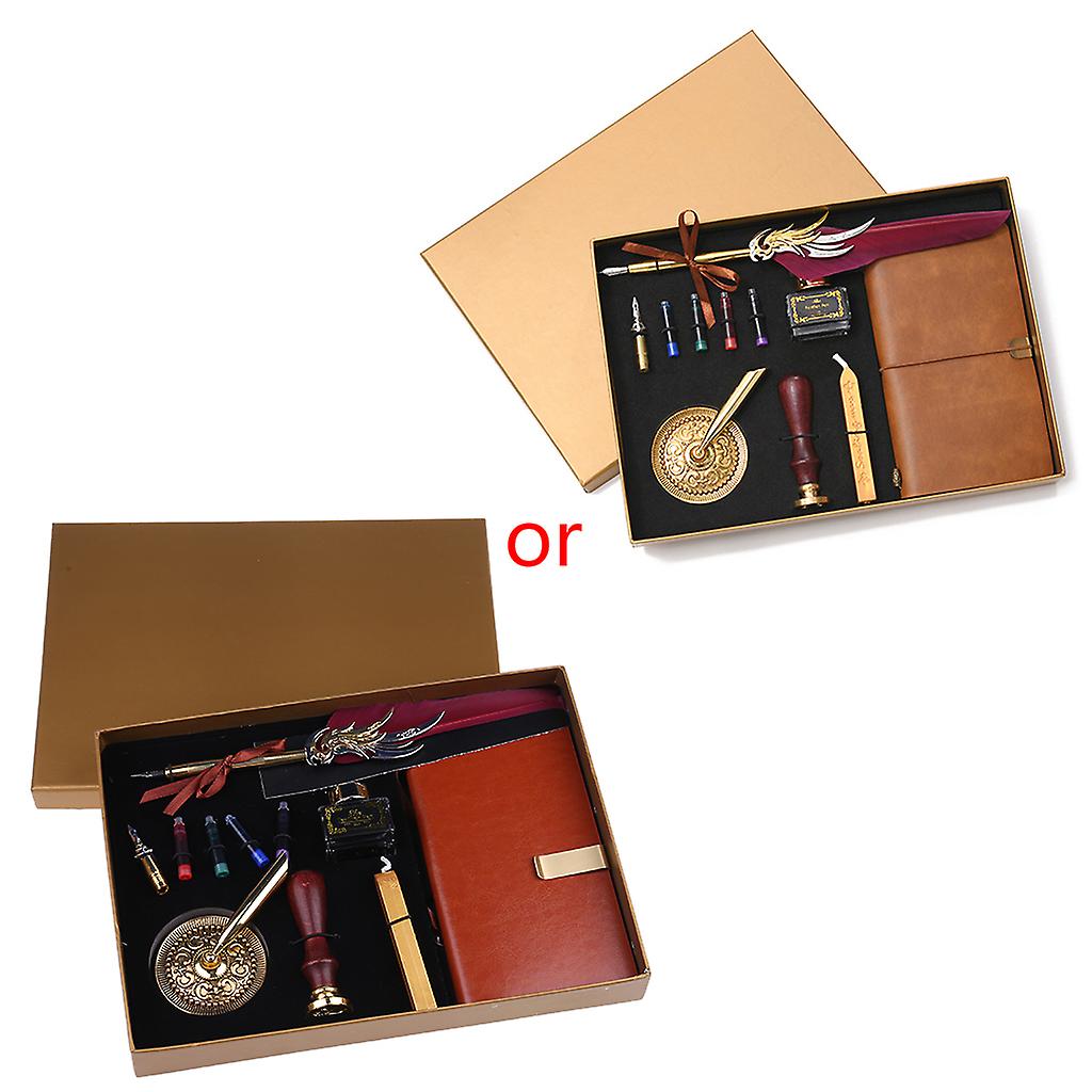 Retro Vintage Calligraphy Feather Fountain Pen Writing Ink Leather Notebook Set