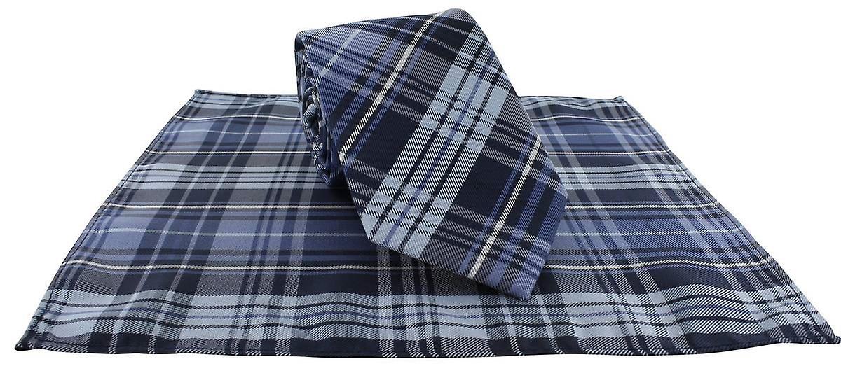 Michelsons of London Country Check Tie and Pocket Square Set - Blue