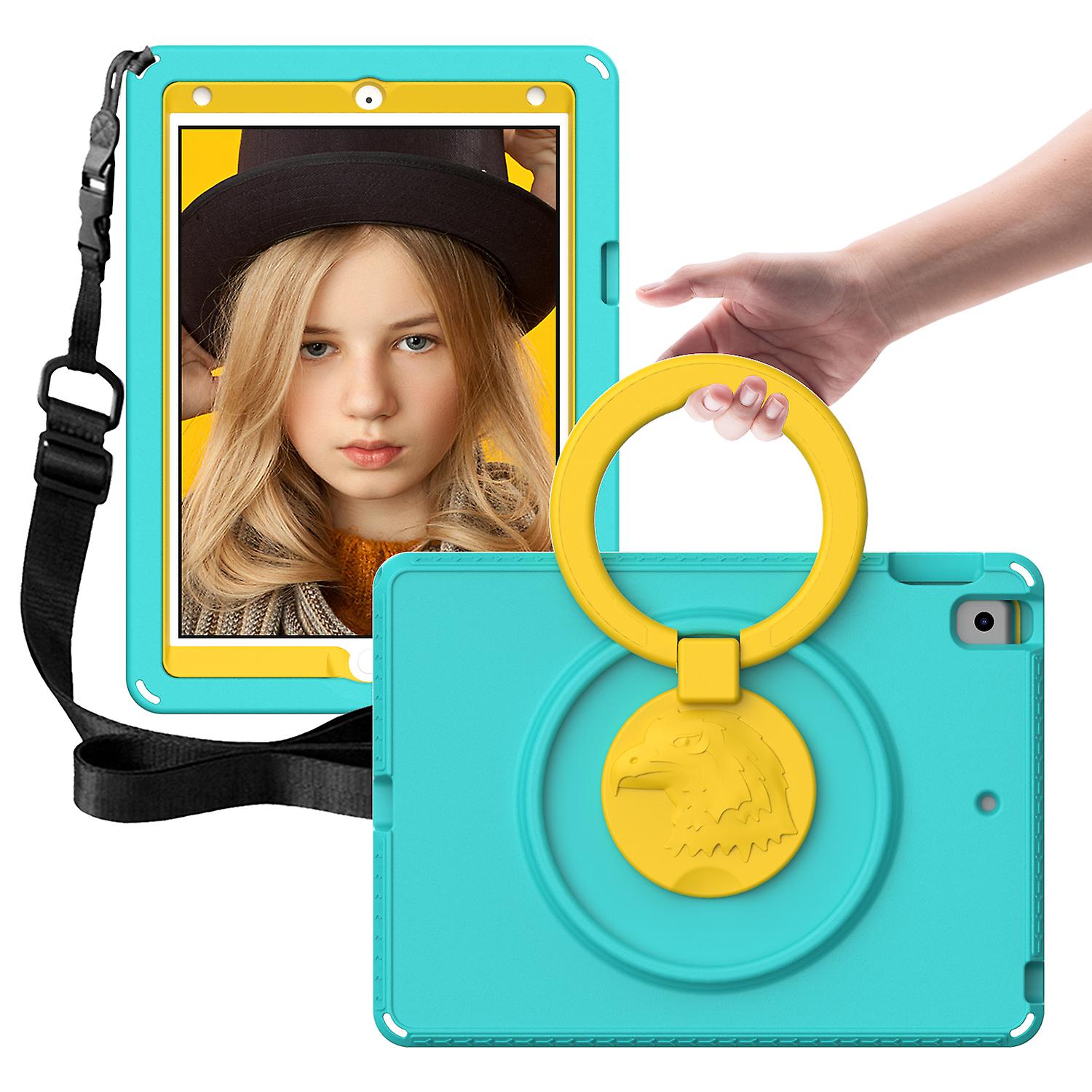 iPad 10.2 2021 2019 Case, Shockproof with Swivel Stand and Adjustable Hand Strap, Cyan