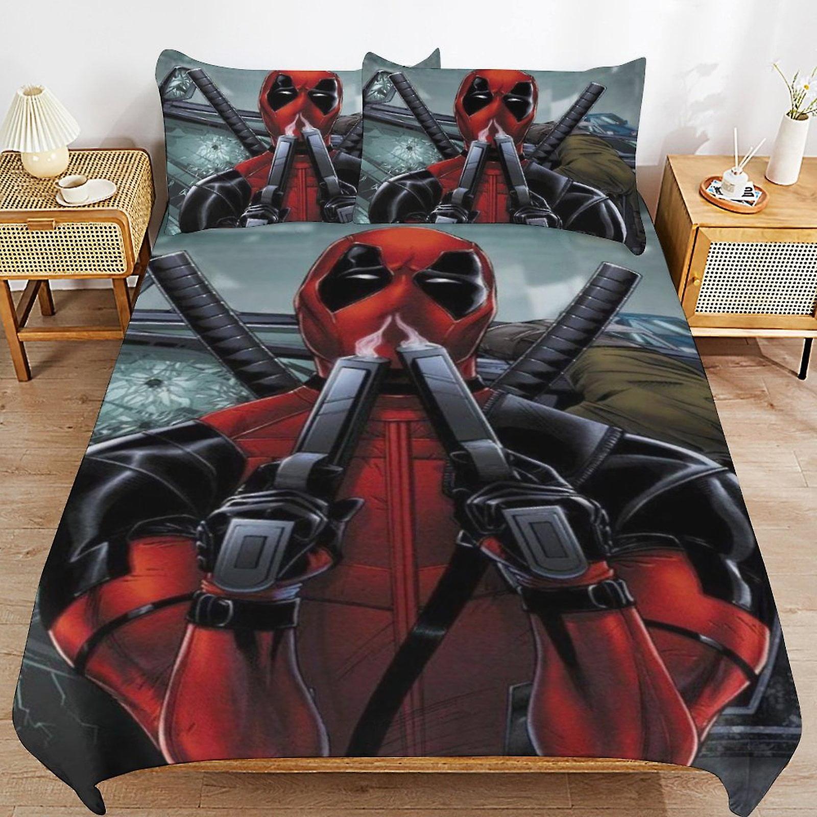 Zestawy pościeli Deadpool Śliczna narzuta na łóżko Anime Cartoon 3D drukowane lekkie zestawy do wystroju pokoju, 1 poszewka na kołdrę i 2 poduszki dla dzieci chłopców dziewcząt 79 "x90"