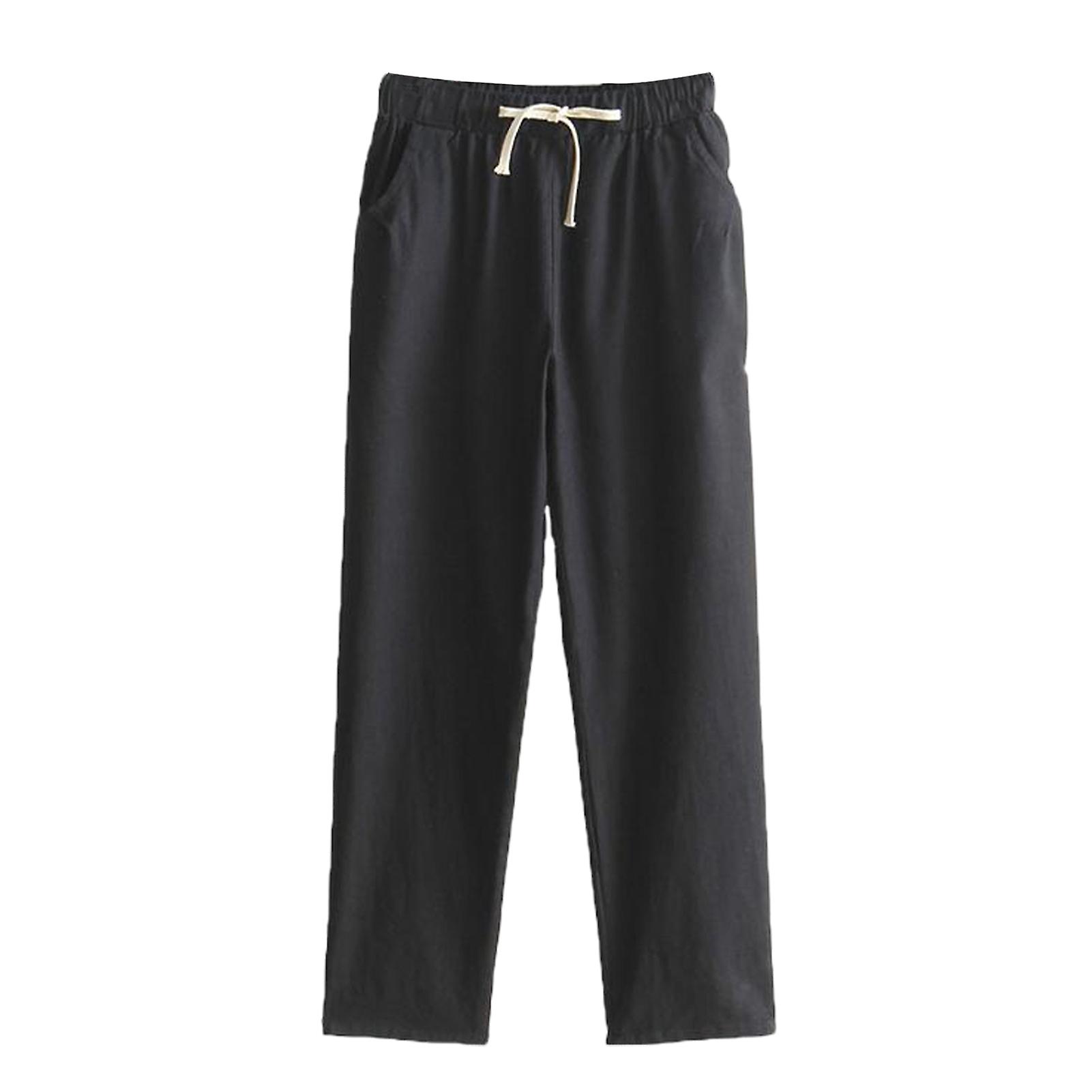 Women Pants Elastic Waist Adjustable Drawstring Solid Color Loose Fit Casual Trousers Wide Leg Thin Harem Pants with Pockets