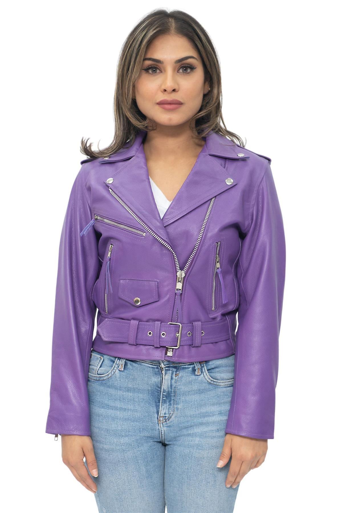 Womens Purple Cowhide Brando Leather Biker Jacket