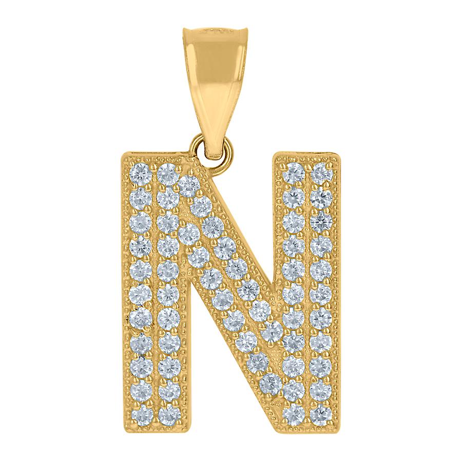 10k Yellow Gold Womens Cubic Zirconia N Alphabet Letter Name Personalized Monogram Initial Charm Pendant Necklace 22.3x1