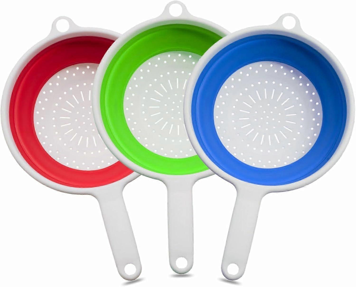 Collapsible Colander with Handle Space Saving Heavy Duty Kitchen Strainer Foldable Assorted Color Food Grade Silicone Drain Basket for Draining 3Pcs  