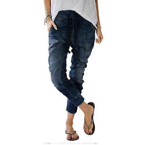 Femei Elastic Talie Drop Crotch Jeans Harem Pantaloni drawstring Denim pantaloni lungi