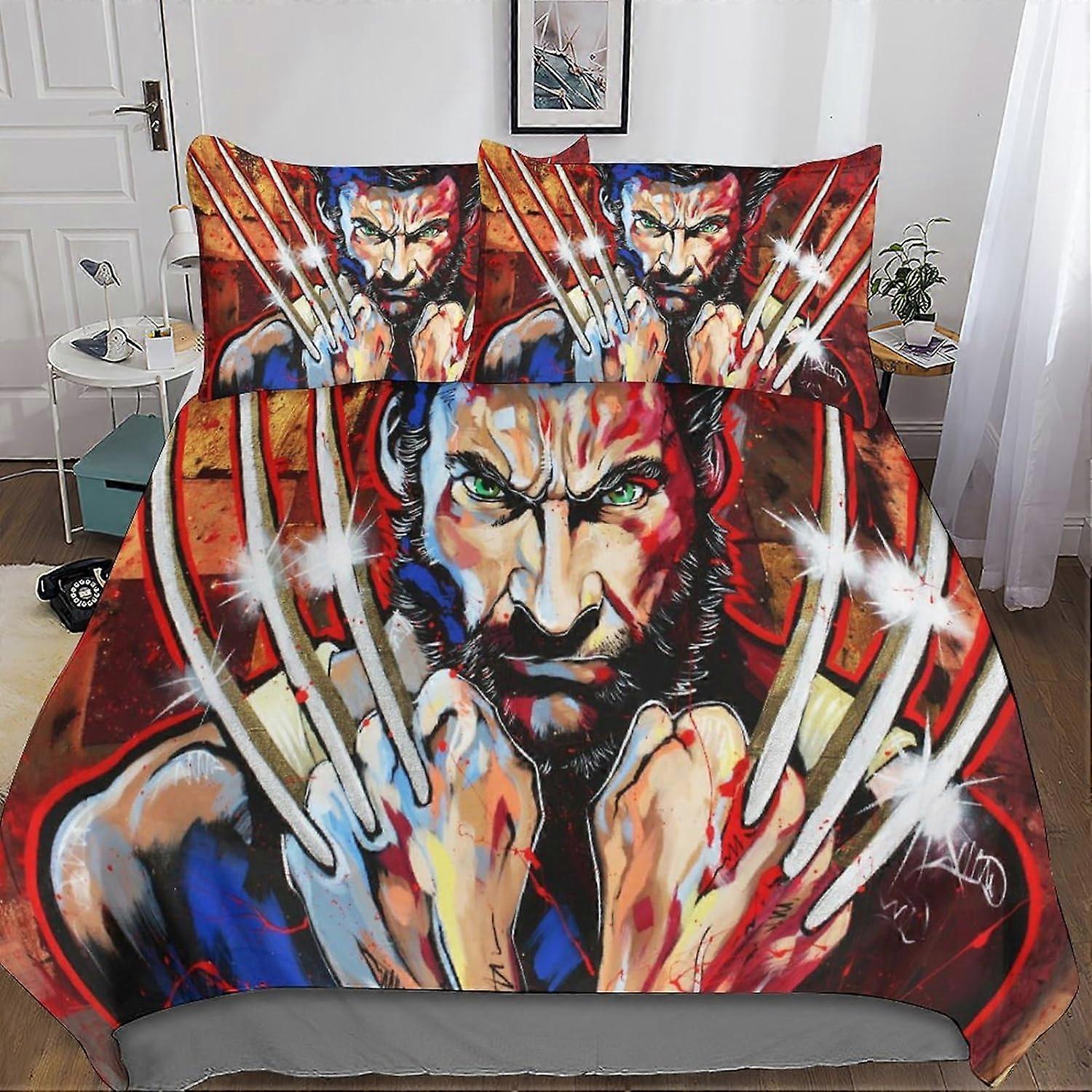 Wolverine 3D Bedding Set, 3 Pcs Xmen Bedding Set Microfiber Duvet Cover & Pillowcases with Zipper Closure for Single or Double Bed