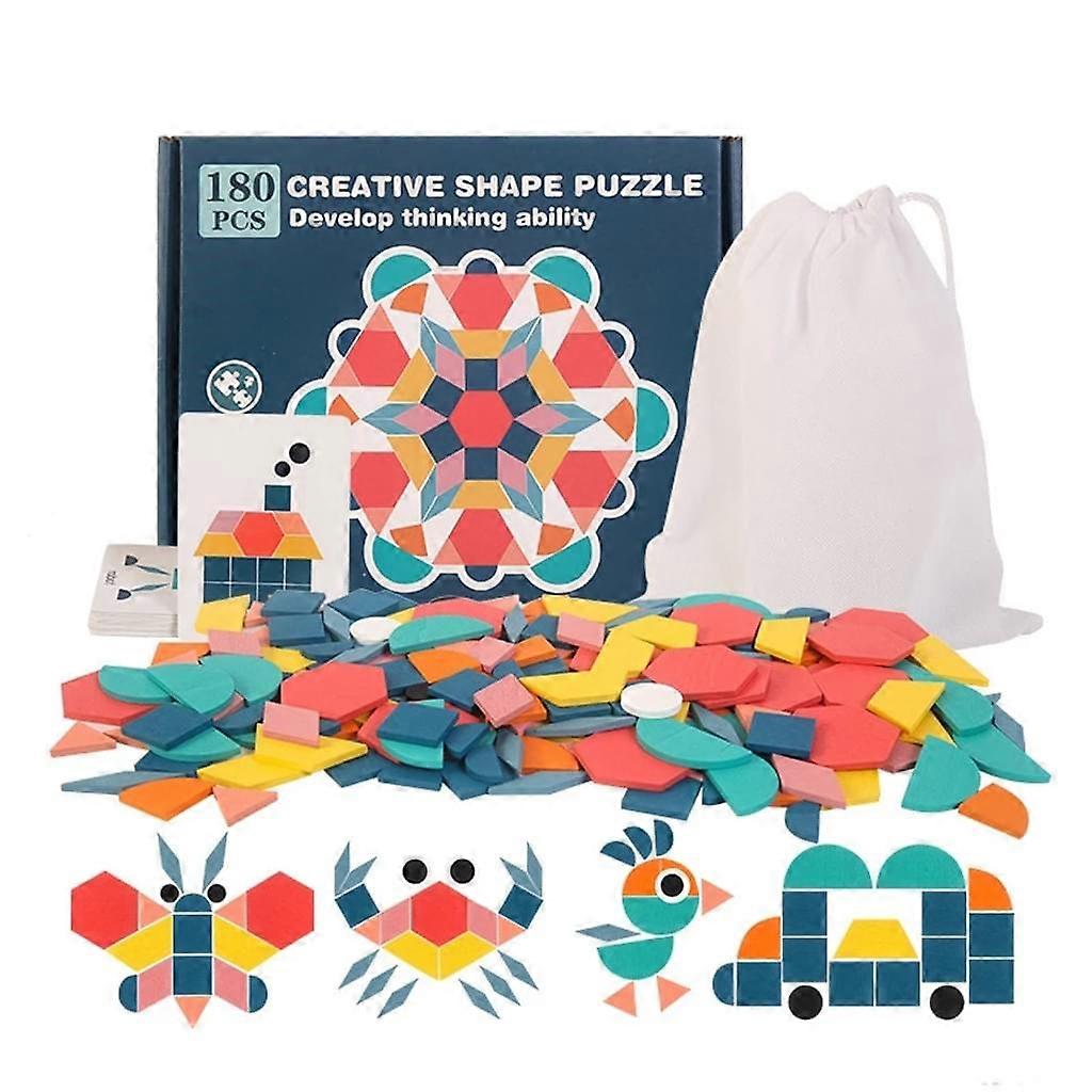 180 Pieces Wooden Pattern Blocks Set Geometric Manipulative Shape Puzzl