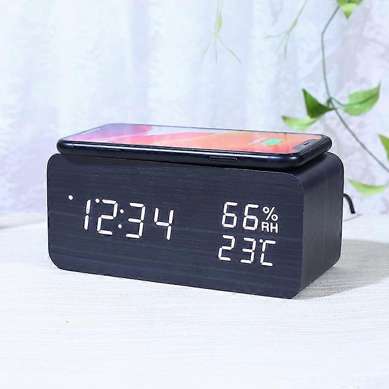 Wooden digital alarm clock with wireless charging, 3 alarm clock LED displays, used for voice control function in bedroom, bedside and office (black)
