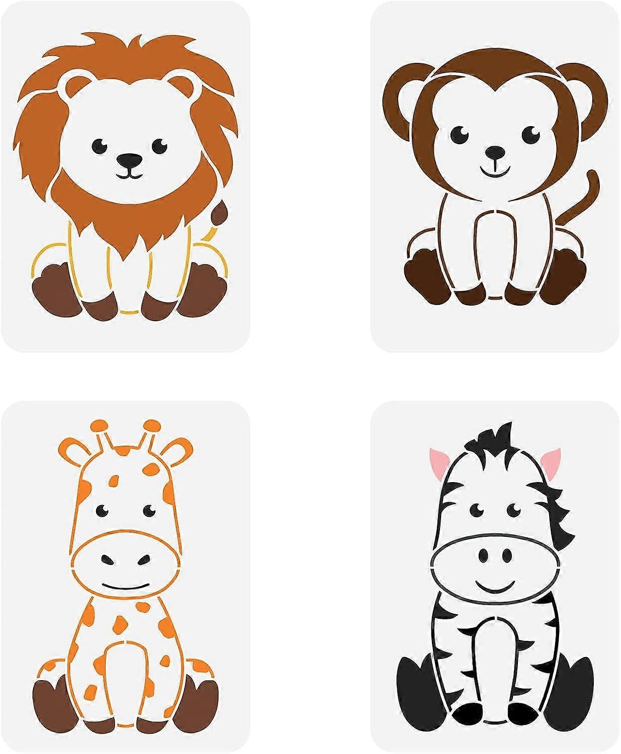 Nursery Animal Stencil 4PCS 11.7x8.3 inch Plastic PET Lion Monkey Giraffe Zebra Craft Stencil Reusable Cute Animal Painting Stencil Template for DIY W