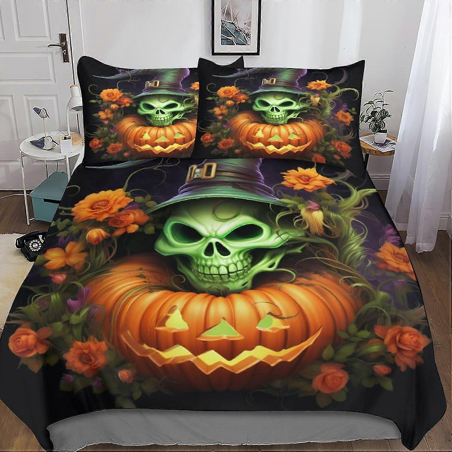 3-delad Halloween påslakan set 3D sängkläder örngott, dragkedja stängning mjuk mikrofiber, pumpalykta sängkläder för vuxna och barn