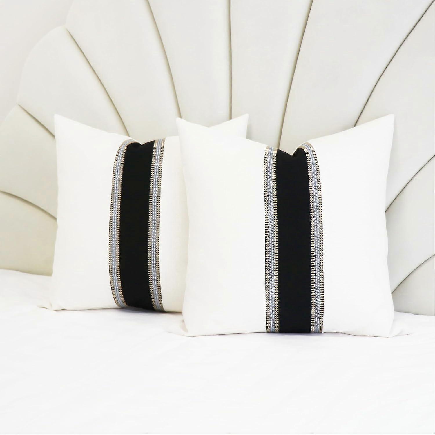 Pack of 2 Linen Off White and Black Patchwork Throw Pillow Covers Decorative Cushion Covers for Couch Sofa Square 18 x 18 Inches