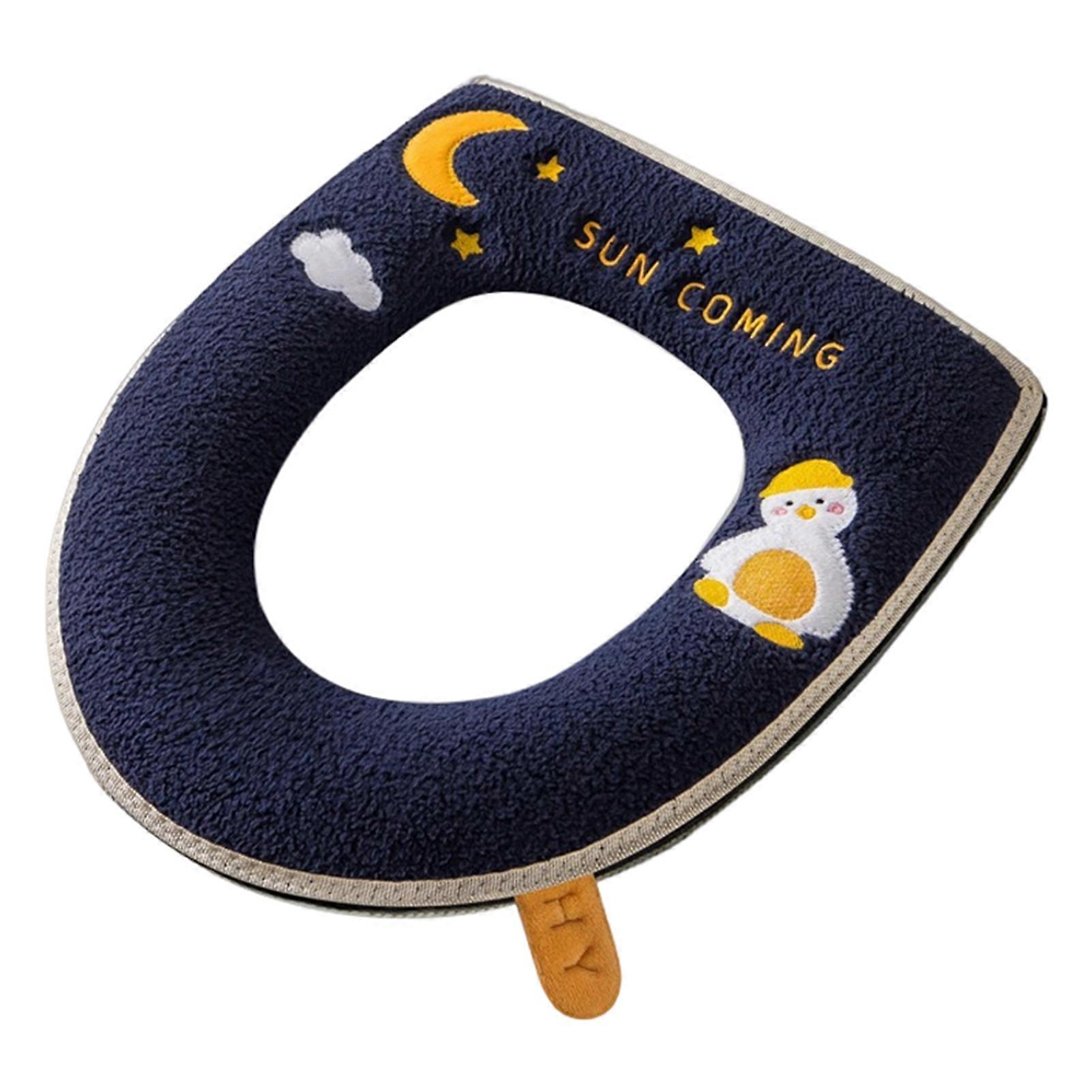 Toilet Seat Lid Cover Ultra Soft Keep Warm Cartoon Duck Moon Embroidery All Inclusive Zipper Plush Toilet Ring Mat with Handle for Home KAESI