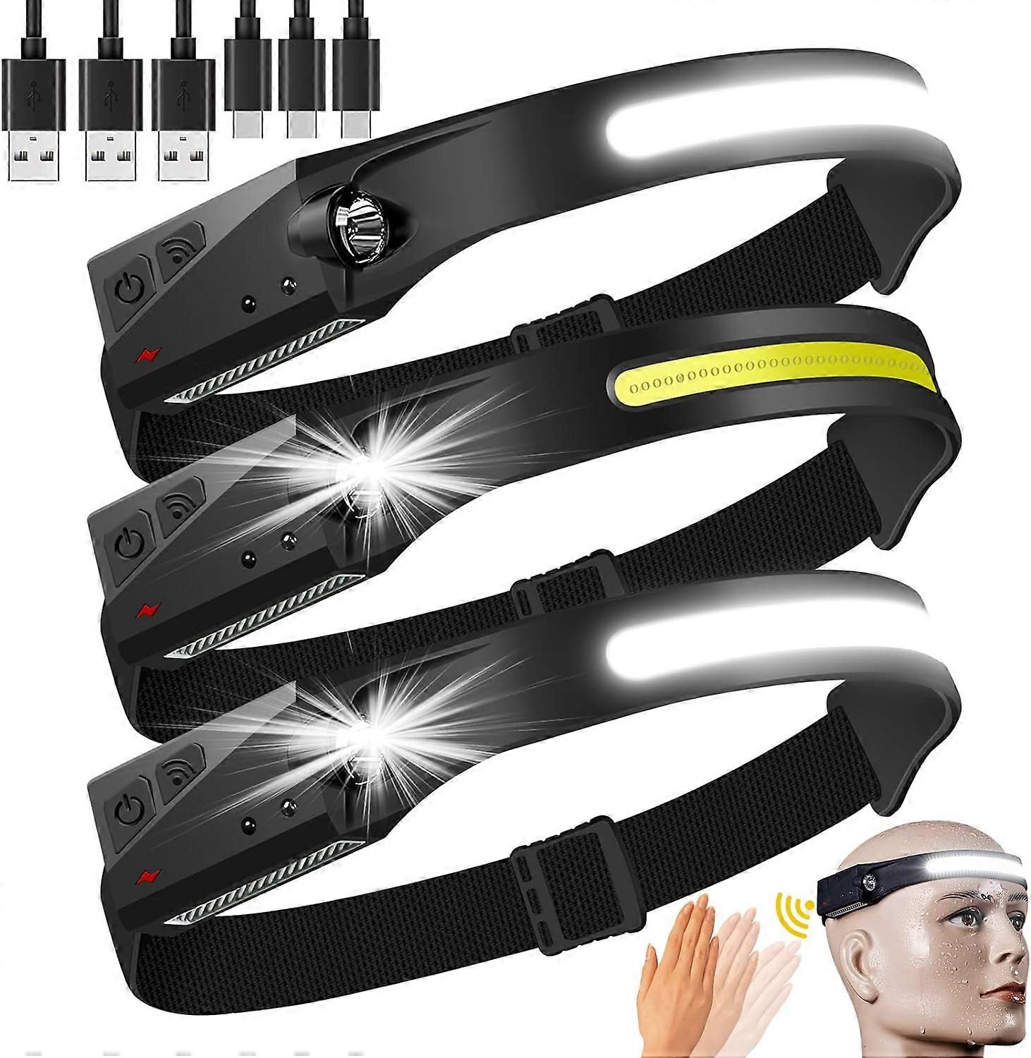 Rechargeable LED Headlamp 3 Packs,COB230 Wide Beam Headlamps, 5 Modes of Lightweight Headlamps with Motion Sensors, Type-C USB Charging Headlamps
