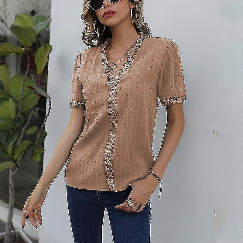 Ladies Swiss Dot Chiffon Tops Short Sleeve V Neck T-shirt Plain Summer Lace Floral Splicing Tunic Blouse