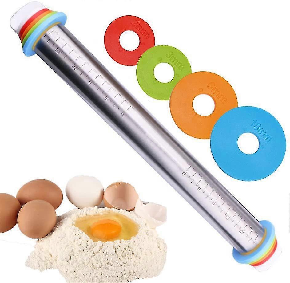 Noodle Pin Stainless Steel, Adjustable Thickness Rolling Pin, With 4 Sizes Of Spacers, Diameter 4.5 Cm, Length 43 Cm