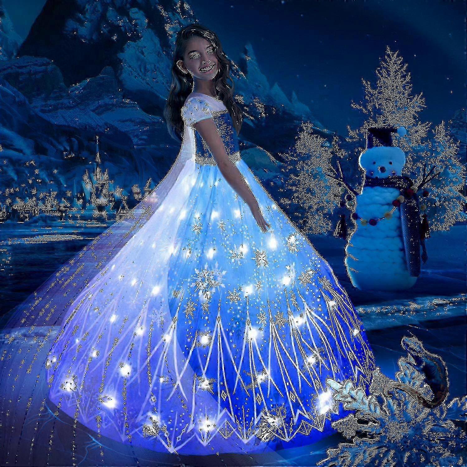 Anna Elsa Led Glowing Dress Girls Christmas Role Play Party Dress Snow  Queen Carnival Ball Dress
