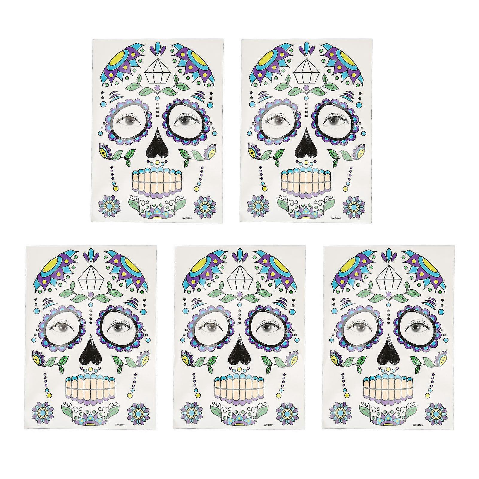 Halloween Skeleton Face Tattoo - 5 Sheets of Skin-Friendly Temporary Skull Face Tattoos for DIY Use