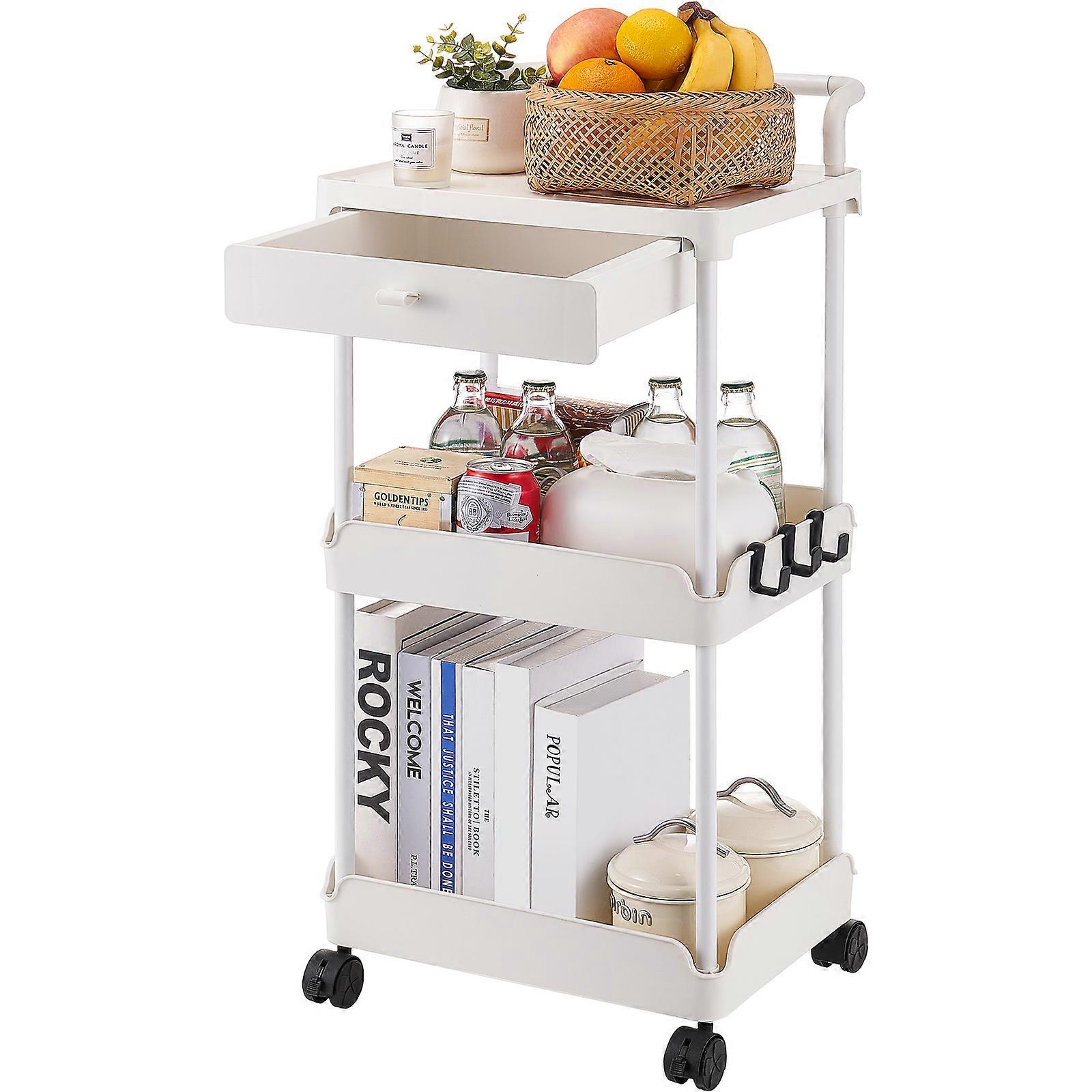 3-Tier Rolling Utility Cart with Drawer, with Lockable Wheels, Multifunctional Storage Trolley with Handle for Office, Kitchen, White