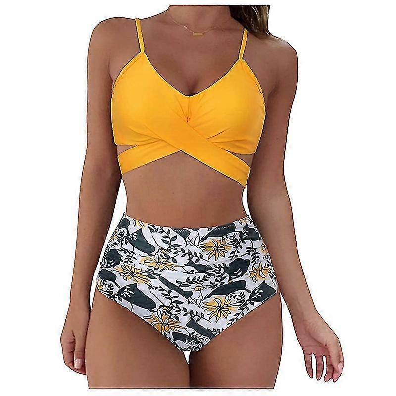 Femme Wrap Bikini Set Push Up Taille Haute 2 Pièces Maillots de Bain, Jaune Floral