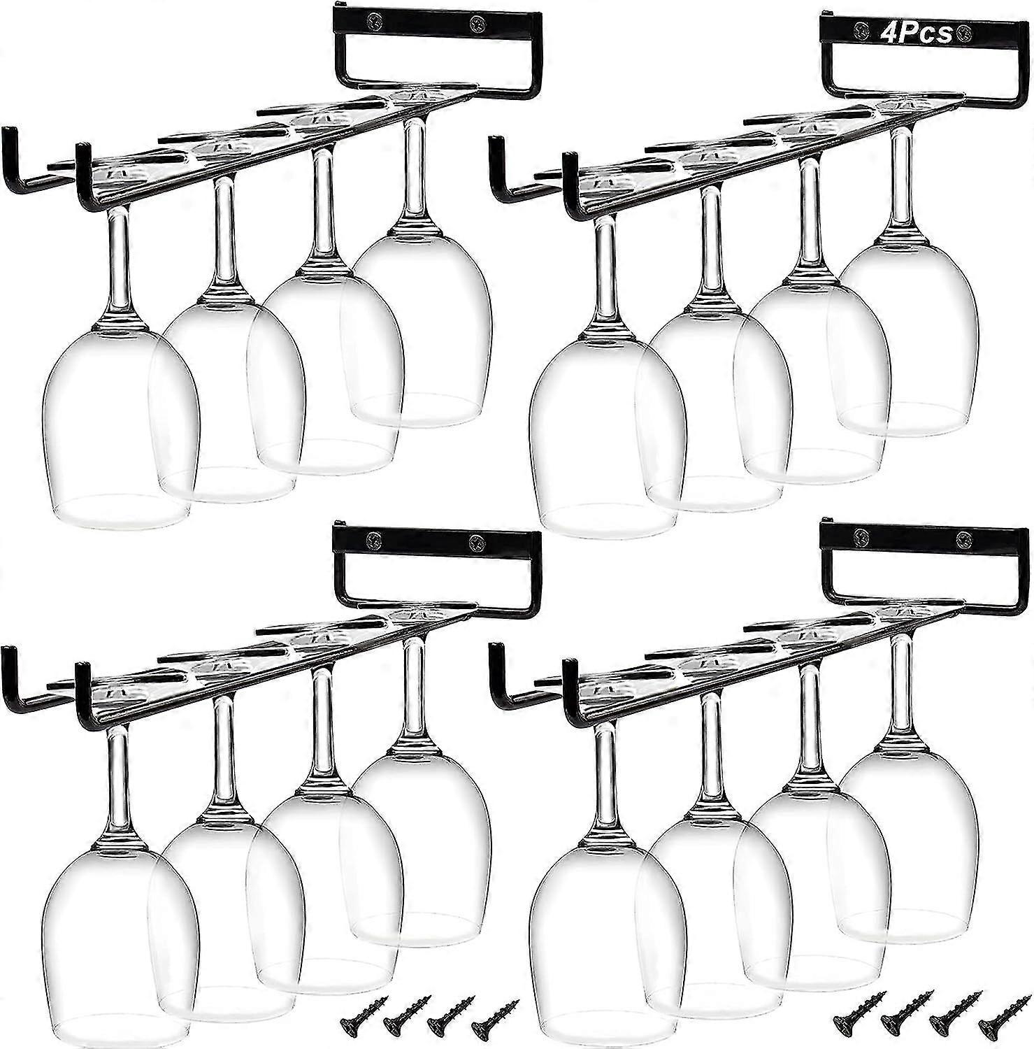 Bar Wall Mounted Iron Single Row Wine Glass Holder 4 Pieces (black)