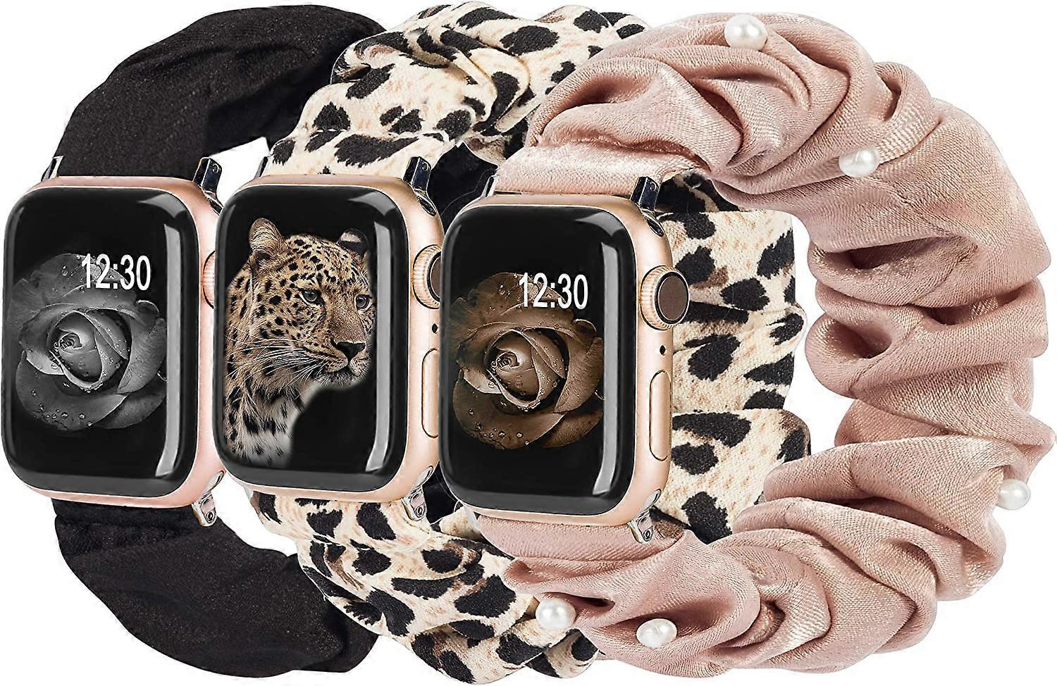 3 Packs Compatible with Apple Watch Band Scrunchies 42mm Cloth Soft Pattern Printed Fabric Wristband Bracelet Women IWatch Elastic Scrunchy Bands 44mm