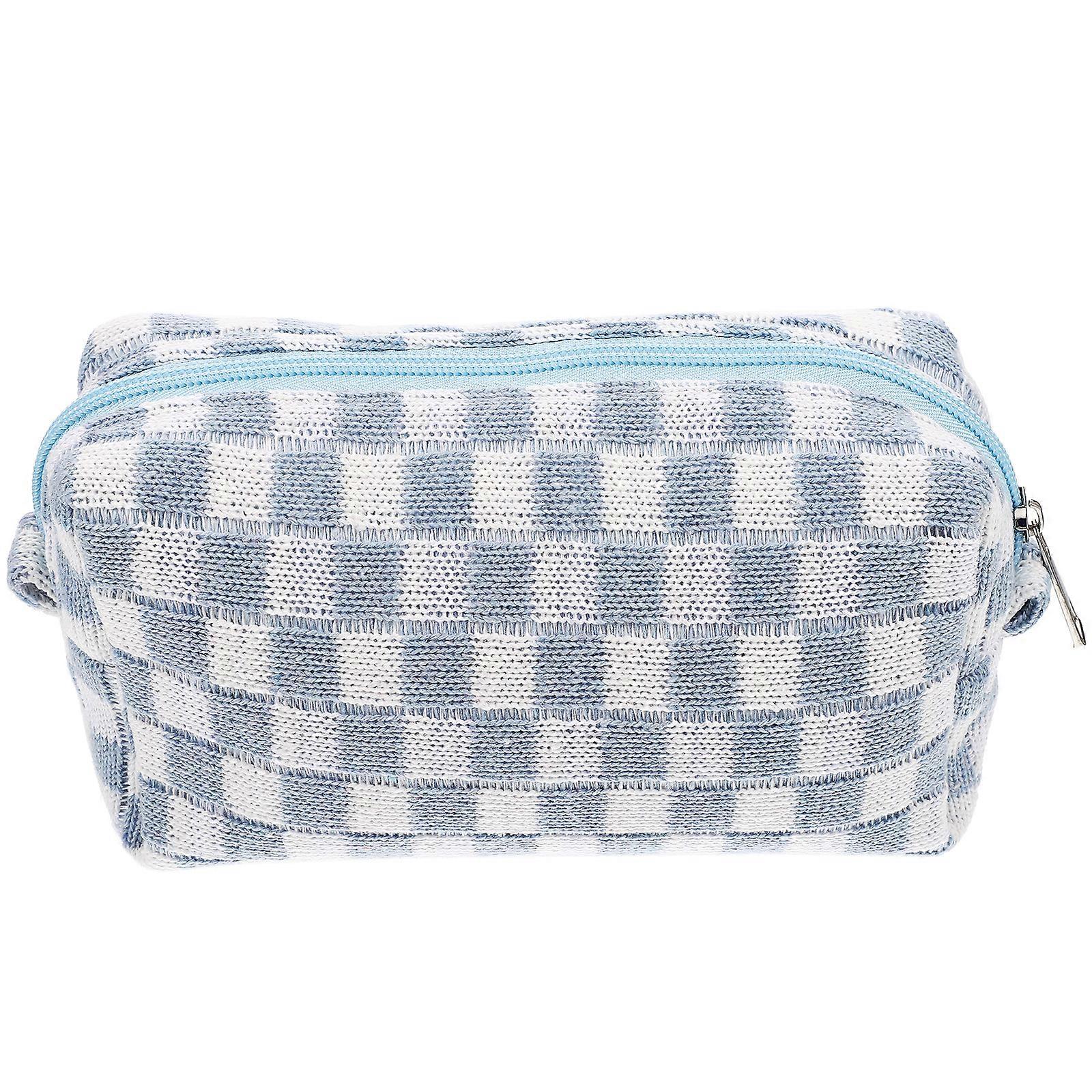 Woolen Yarn Makeup Bag Cosmetic Bag Large Capacity Checkered Travel Toiletry Bag Sky-blue
