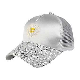  Frauen Sommer Mesh Rücken Glitzer Pailletten Visier Baseballkappe Buchstabe Gänseblümchen Blumenstickerei Sonnenschutz Hip Hop Club Party für Snapback Hut