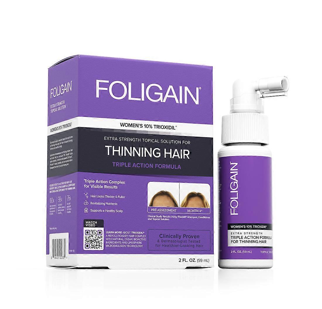 Foligain 三效治疗女性稀疏头发，含 10% 三氧化地尔®（2 液量盎司）59 毫升 1 个月用量