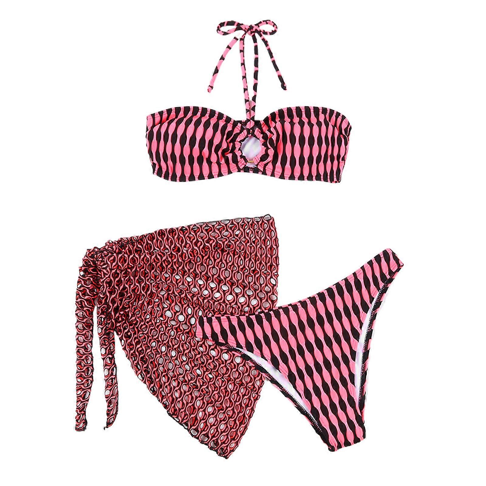 3Pcs Femmes Bandeau Maillot De Bain Avec Net Plage Wrap Jupe Bandeau Maillot De Bain Avec Cravate Arrière, Halterneck Natation Costum Rose XL