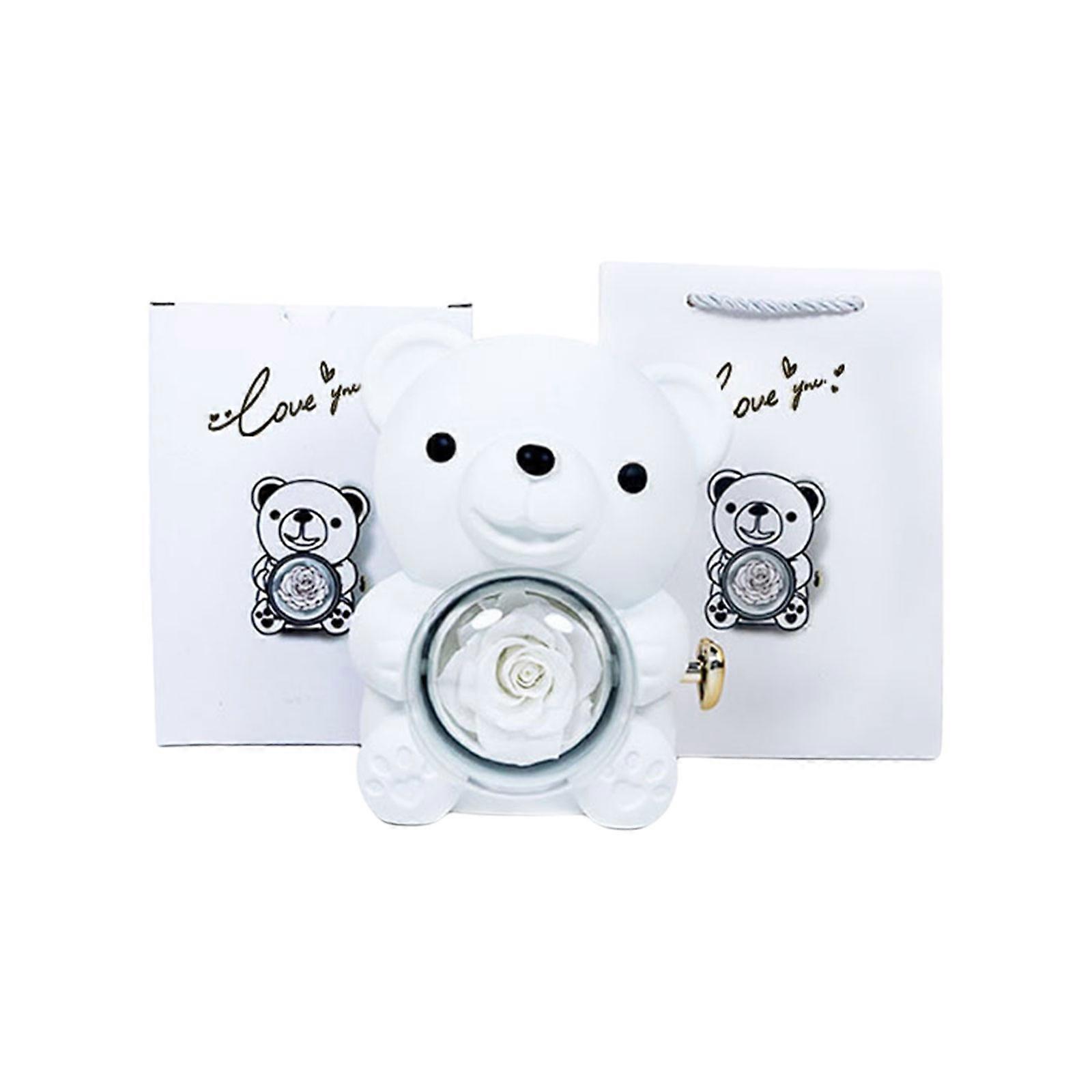 Bear Present Box Featuring a Real Eternals Rose Plastic Romance Perfect for Birthdays and Bridal Showers Bring Happy White