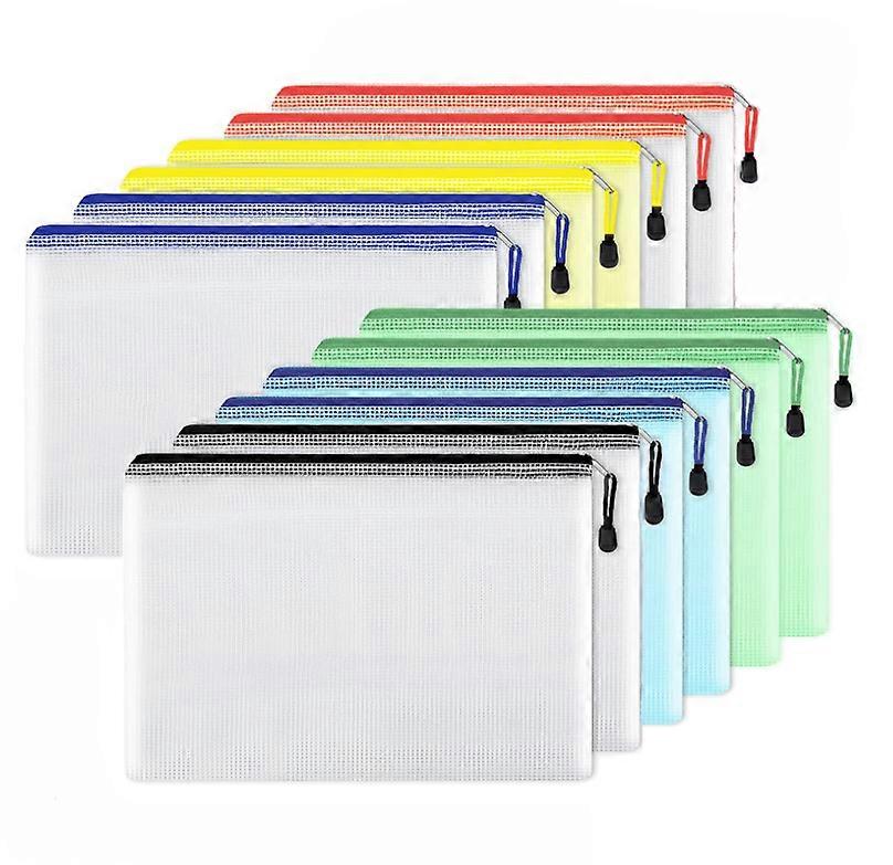 12 pcs mesh zipper pocket file bag for organizing waterproof zipper file bag, A4 size (6 colors, 13" x 9.25")