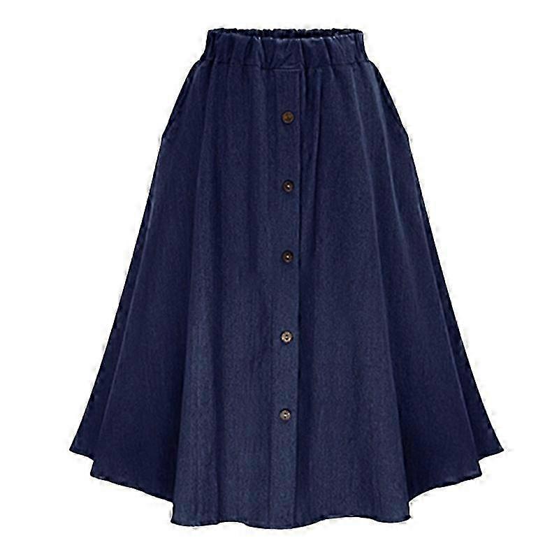 Summer Women's A-Line High Waist Button Pleated Elastic Waist Knee Length Midi Skirt