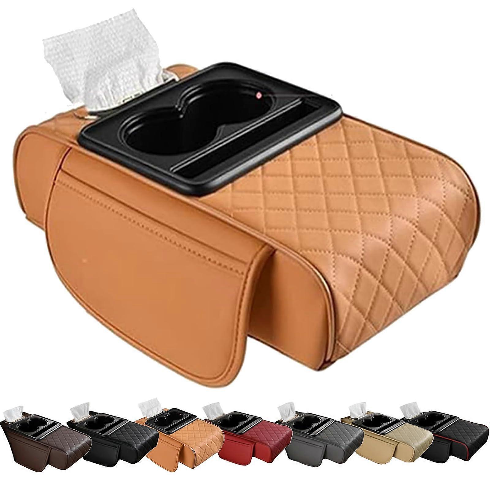 Integrated Pressurized Multifunctional Car Armrest Cushion with Cup Holders, Comfortable Heightening Pad for All Models, Yellow