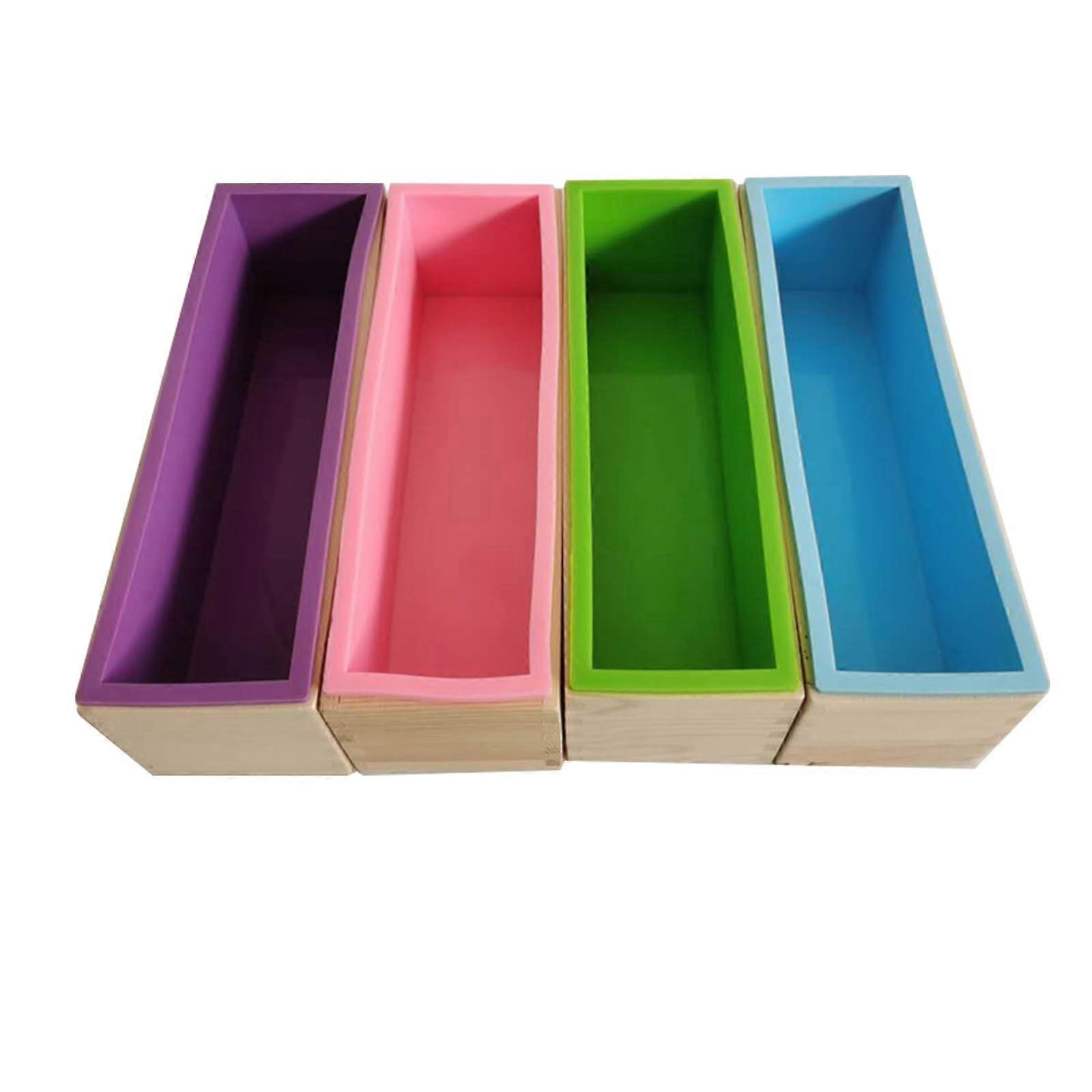 4 Pcs Flexible Rectangular Soap Mold Silicone Molds with Wood Box Soap Loaf Making Supplies DIY Tool for Making Craft(Purple, Green, Blue, Pink)