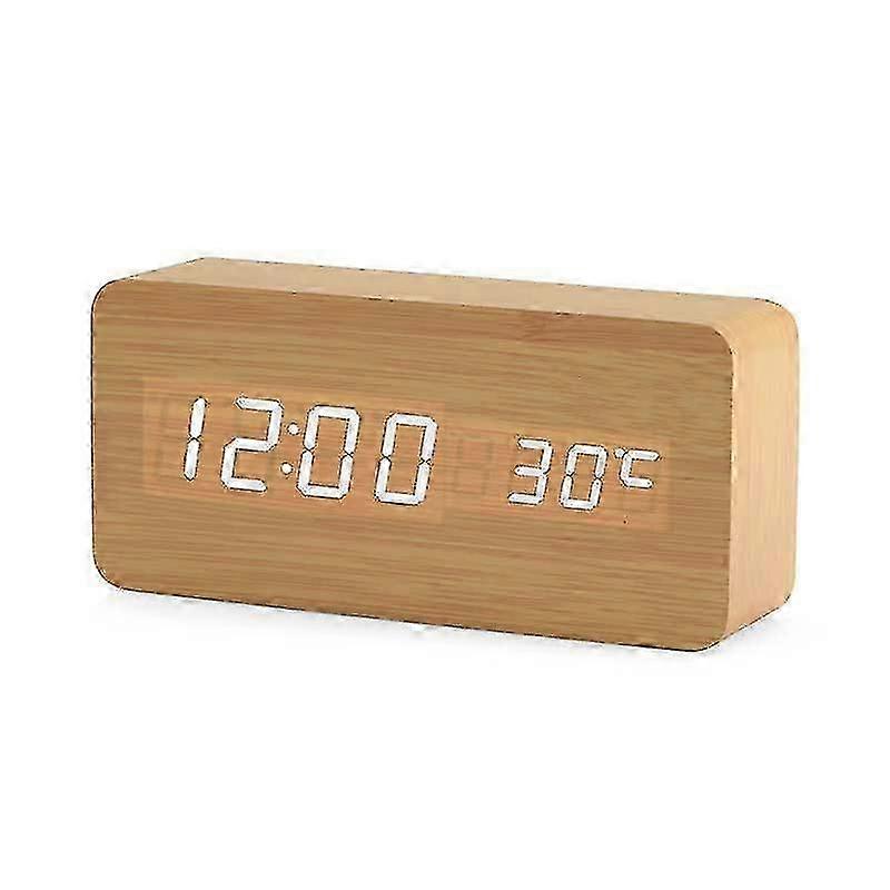 Wooden Digital Clock - Multifunctional Led Alarm Clock With Time / Date / Temperature Display And Voice Contro  hwy