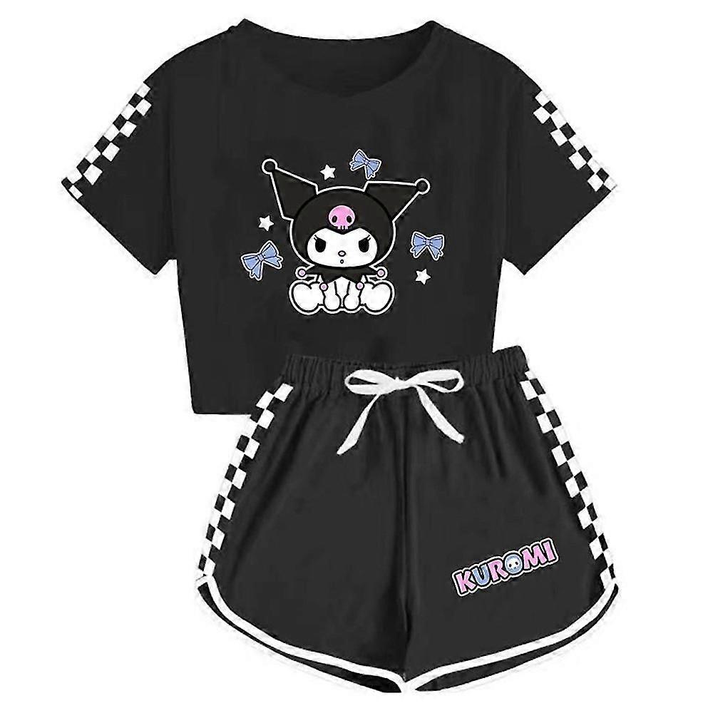5-14years Kids Girls Kuromi Tracksuit Cute Cartoon Anime Short Sleeve T-shirt + Shorts Set Casual Sports Outfits Clothes