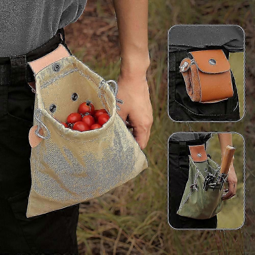 Outdoor Foraging Bag Fruit Picking Bag Waist Hanging Tool Waist Bag Bundle Pocket Folding Canvas Tool Storage Bag(Gift Of K)-Curry color