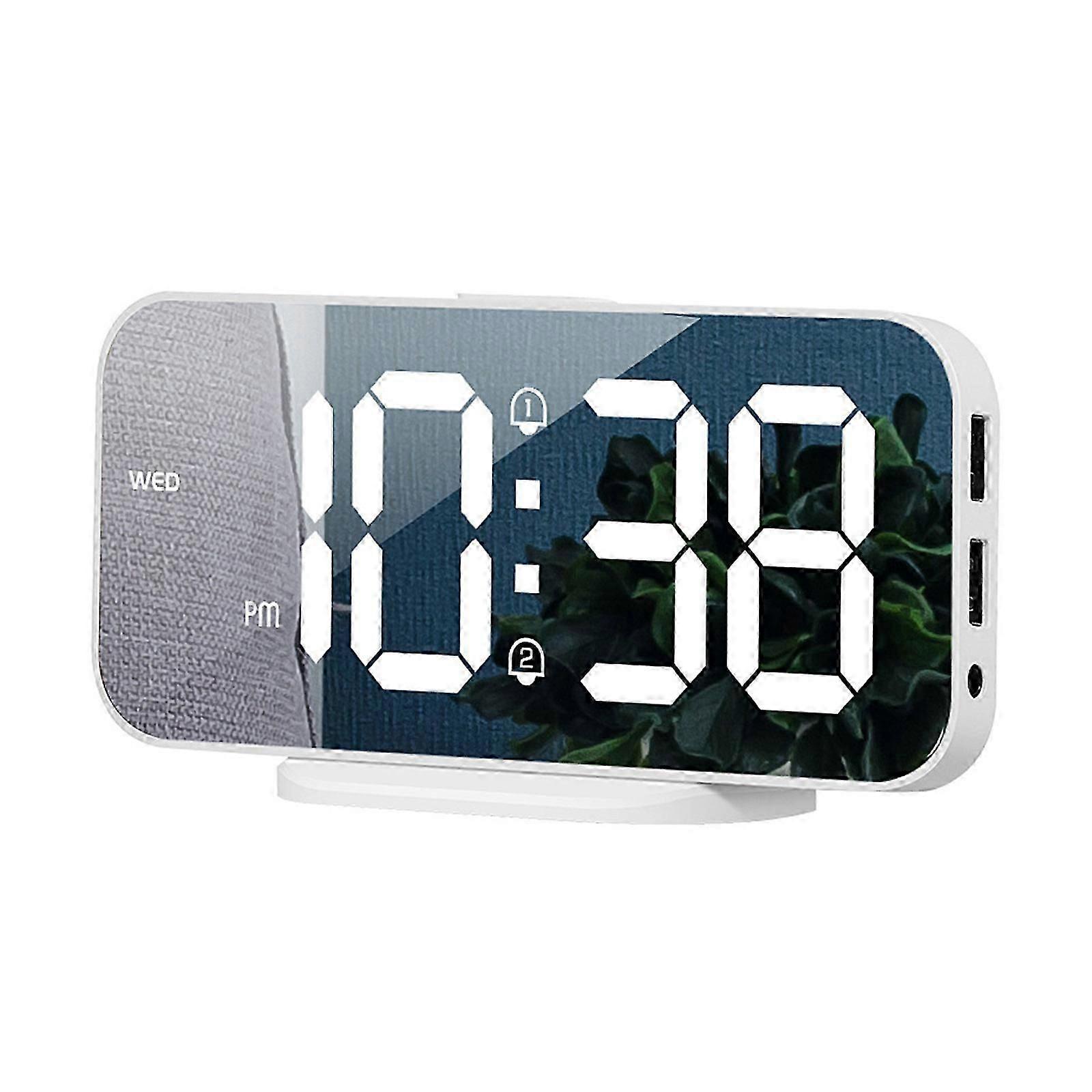 Digital Alarm Clock with 2 Alarm Mirrored LED Bedroom Desk Clock Adjusted Brightness Snoozes 2 USB Port for Charging  White