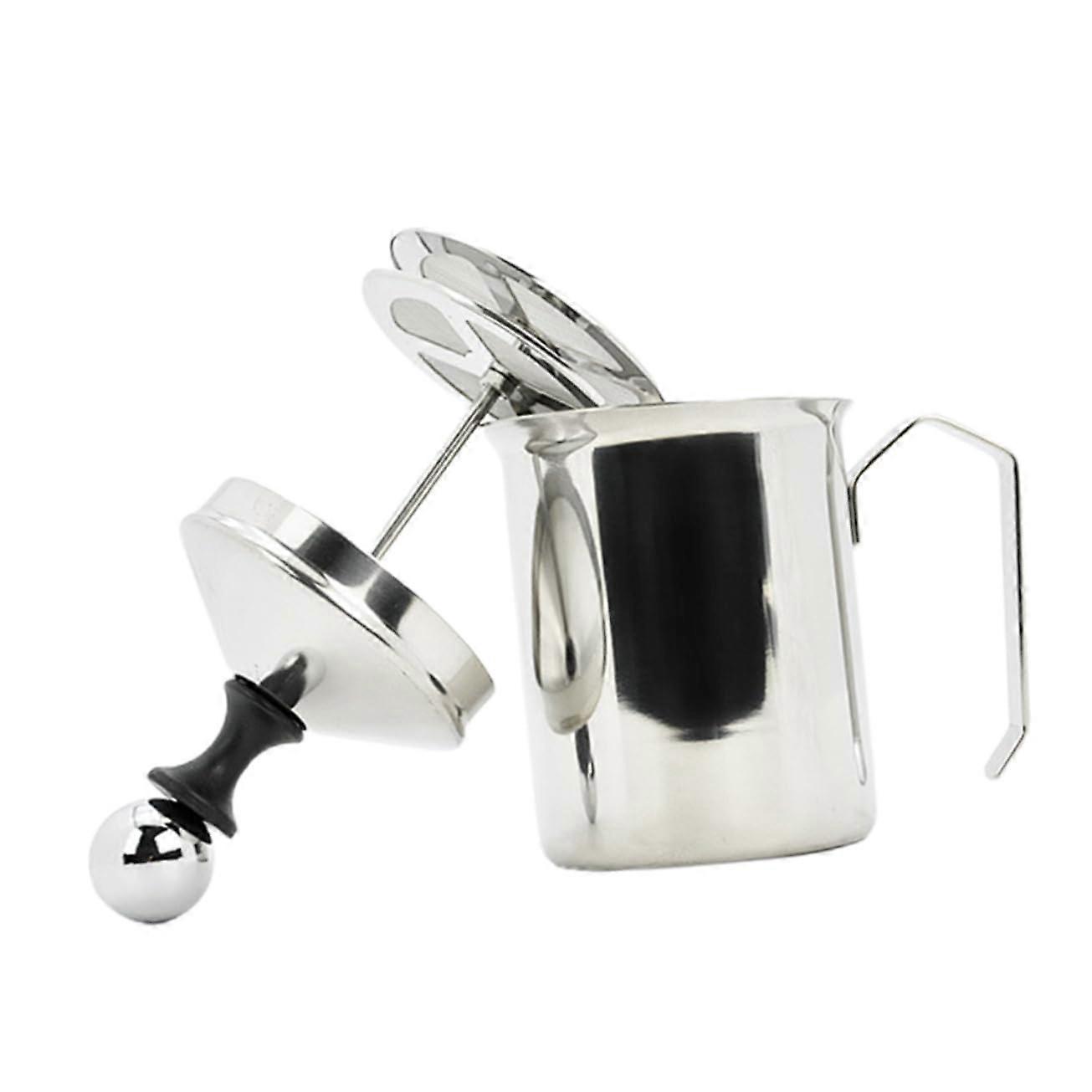 Milk Frother Self-Mixing Cup Tool for Frothing Milk and Coffee - Manual Stirrer Kettle in Silver Stainless Steel