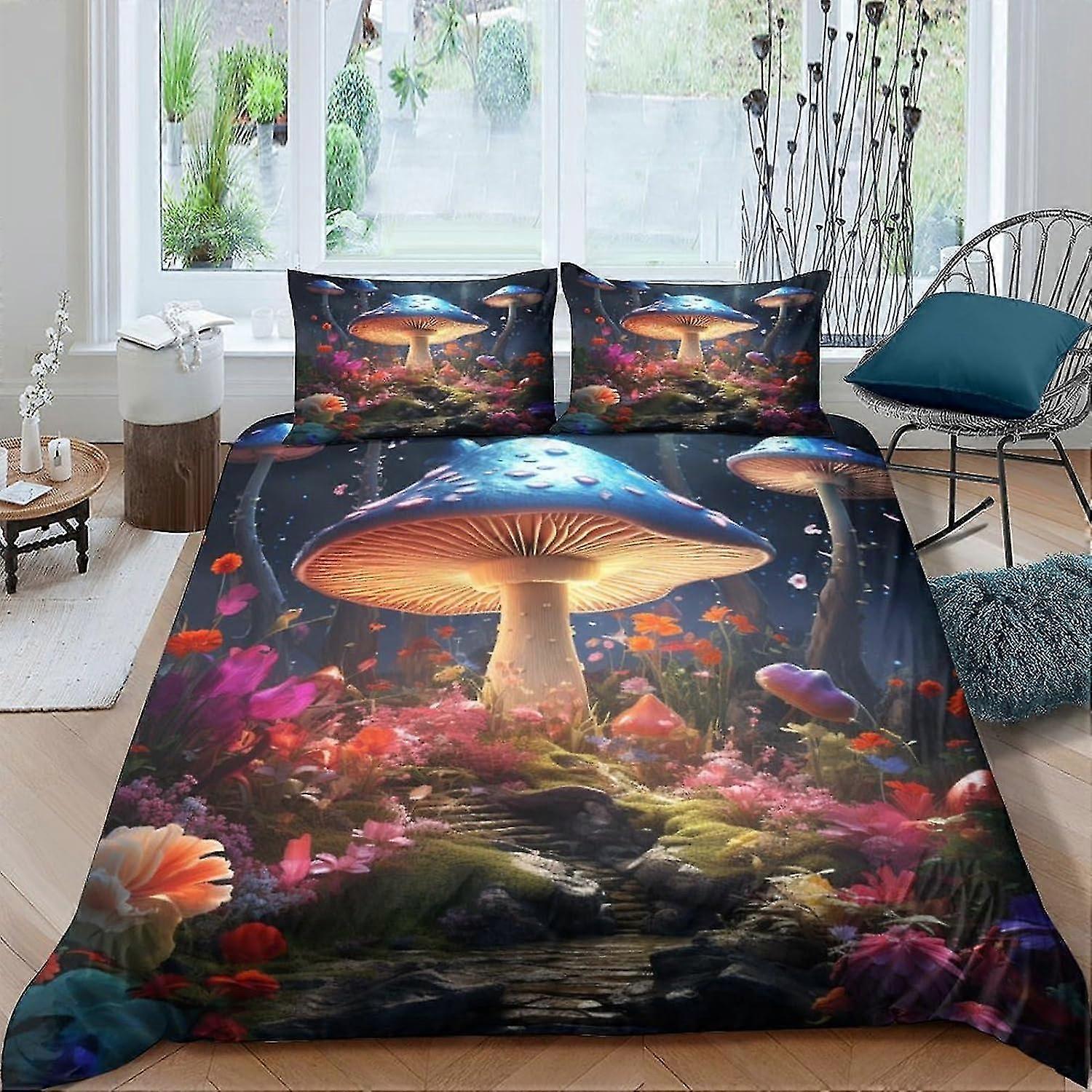 Fantasy Mushrooms Duvet Cover Set 3D Printed Bedding Fairy Forest Quilt Cover Set 3 Pieces Soft Microfiber with Zipper Closure for Teens and