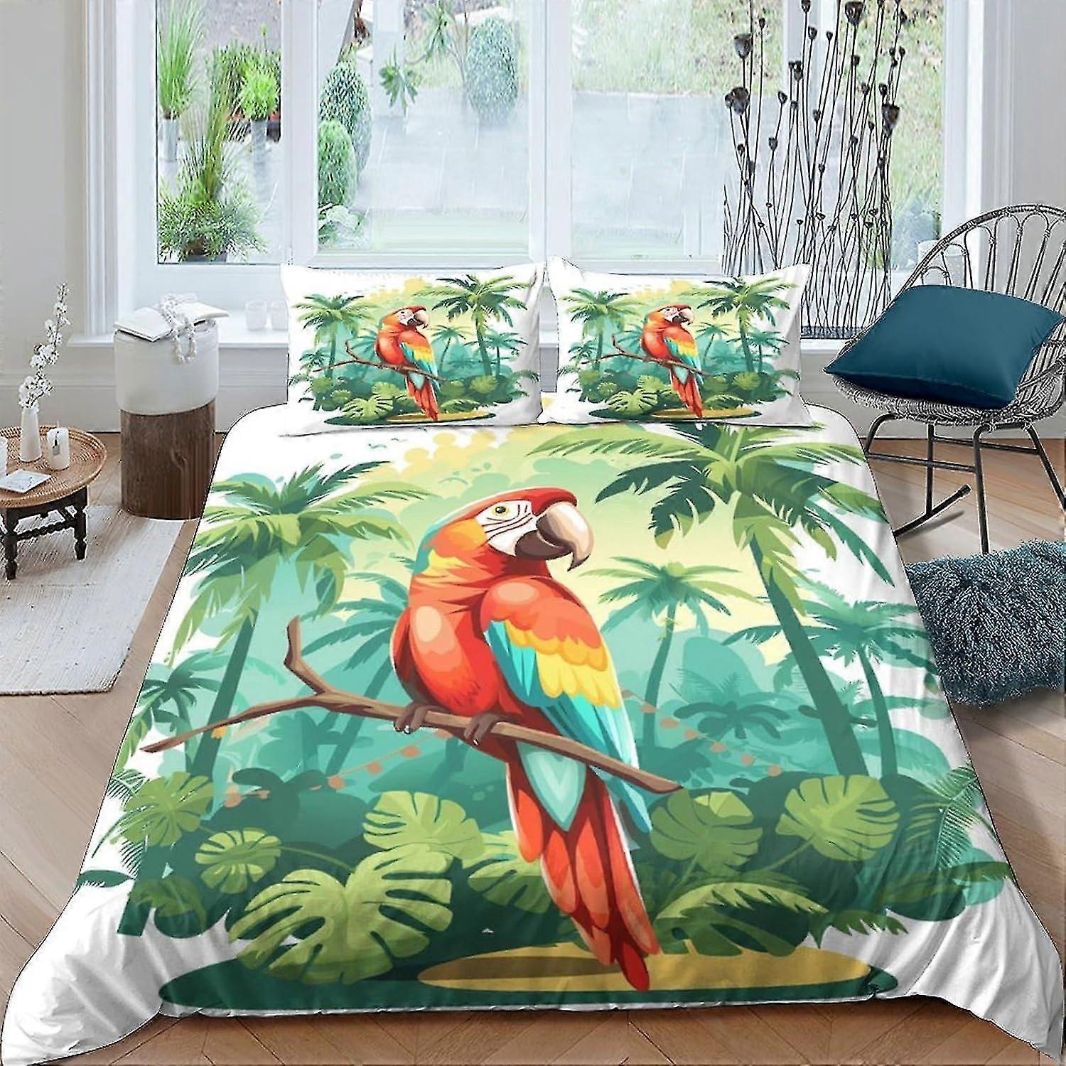 Cartoon Parrot 3D Comforter Cover Set for Bedding with Pillow Shams Microfiber Zipper 3 Piece Set