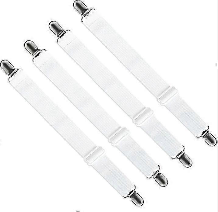 Adjustable Fitted Sheet Stretcher (65cm to 200cm), Adjustable Strap Fastener for Sheets, Sofas, Ironing Covers (White, 4 Pack)