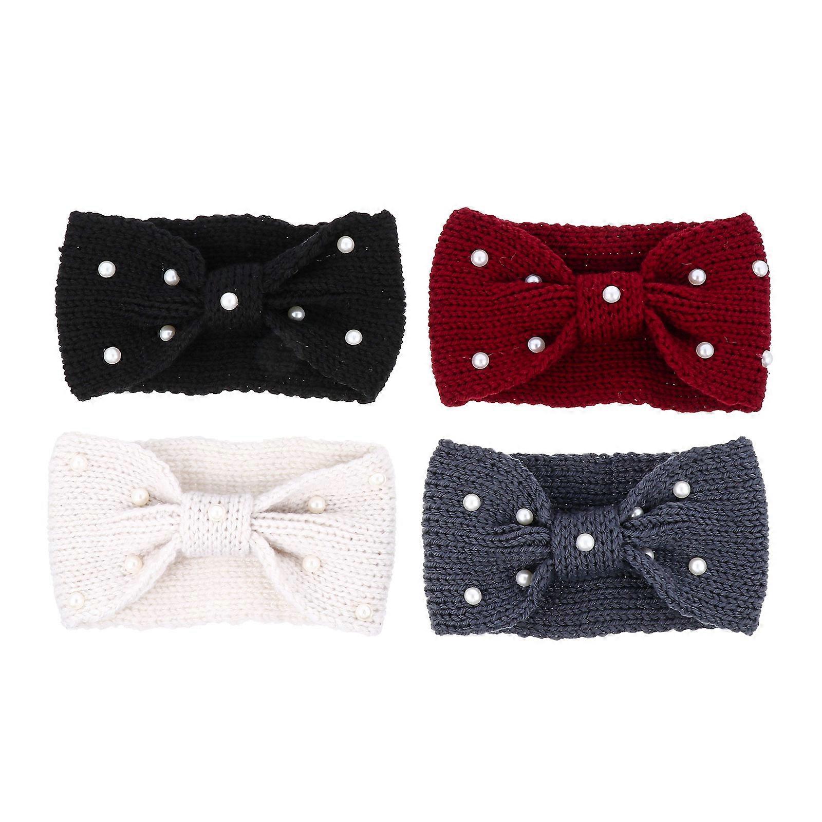 4pcs Soft Knitted Wool Headbands with Pearl Bow for Women – Warm Winter Hairband for Cold Weather Ear Protection