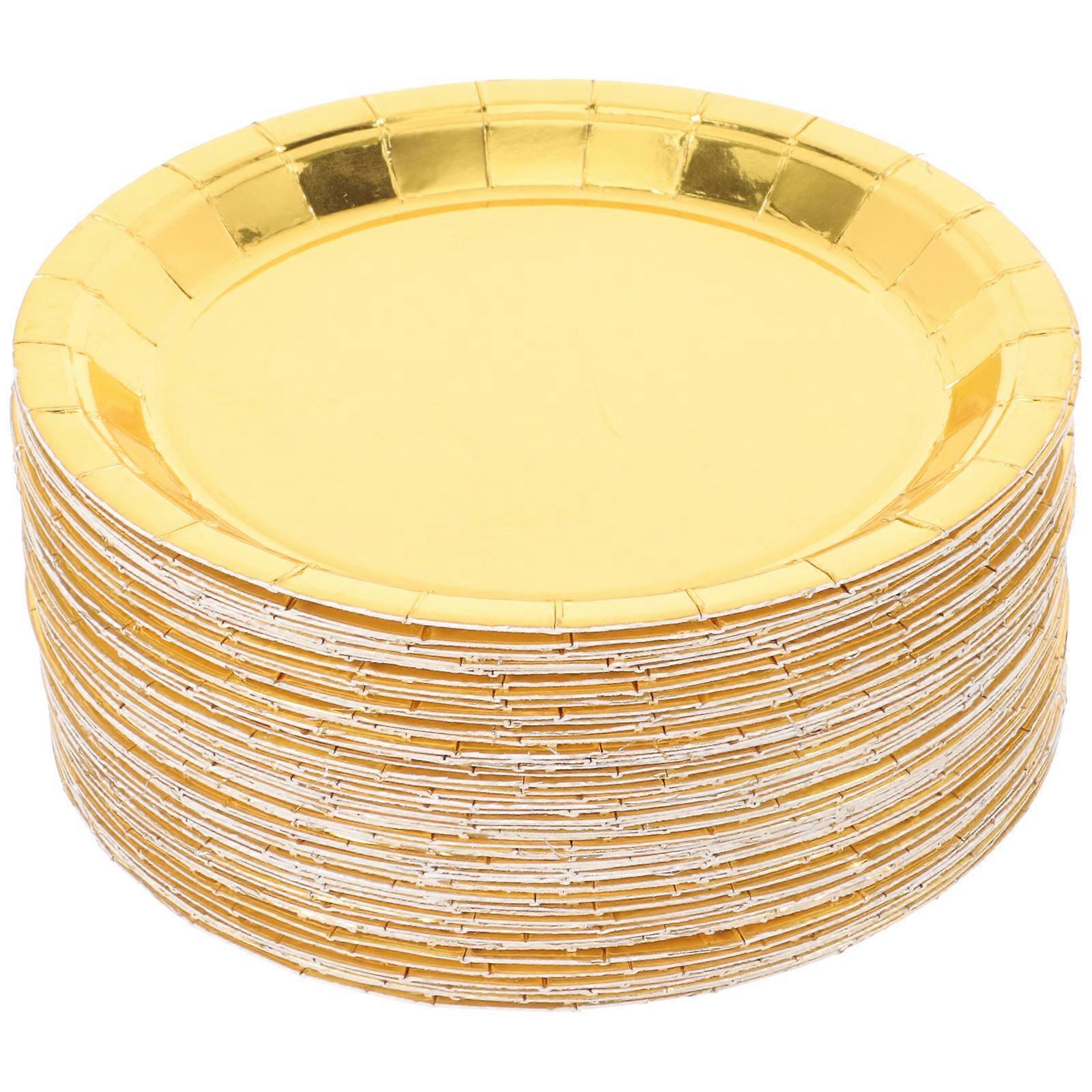 Party Cake Plate Multi-Function Paper Plates Delicate Design Household Dinner Plates Golden 17.50X17.50X0.10CM New Year 80Pcs