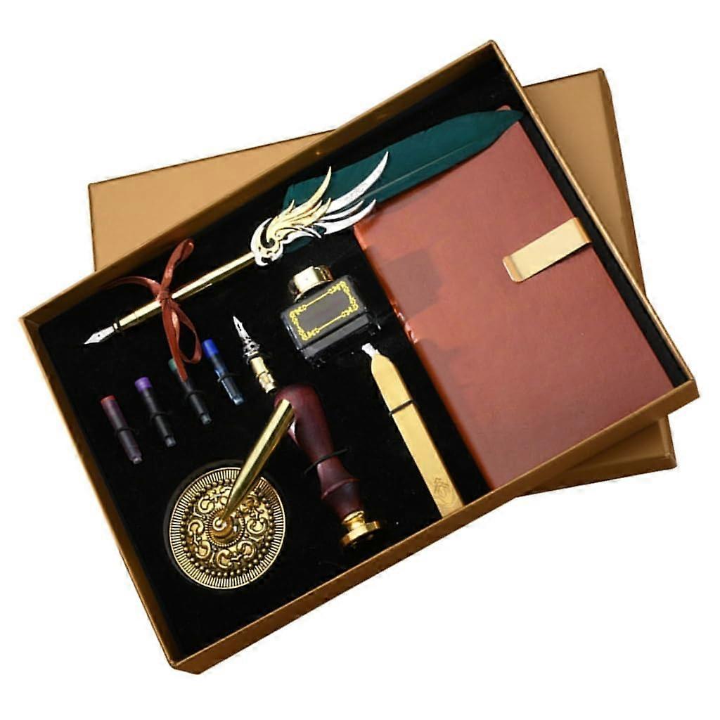 Vintage Dip Pen and Ink Set with Dark Green Leather Journal Notebook, Seal Stamp, and Assorted Inks for Art and Scrapbooking