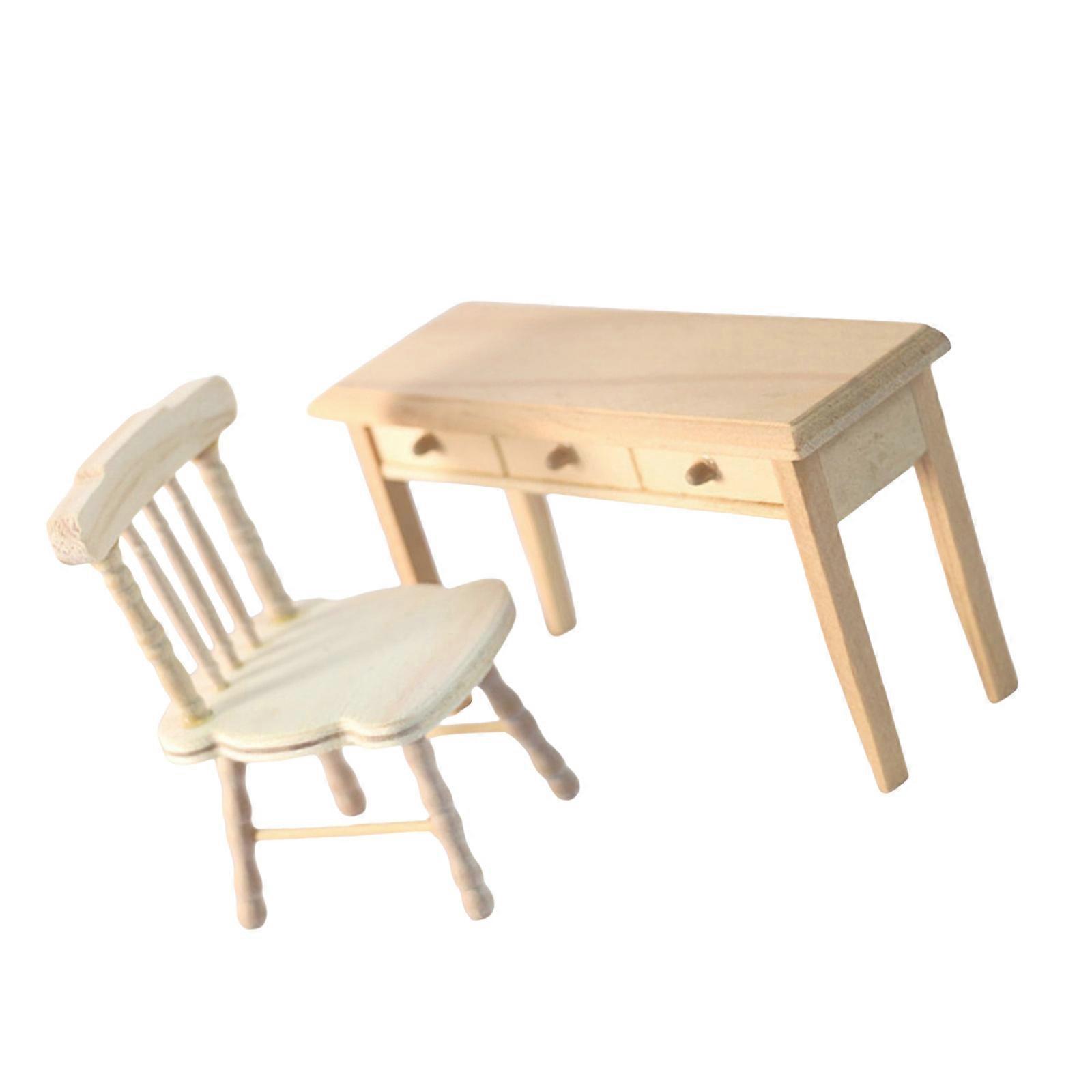 Classical Unfinished Wood Doll House Chair Desk School Furniture Model Set For Craft Model Project Scene Decoration Multicolor