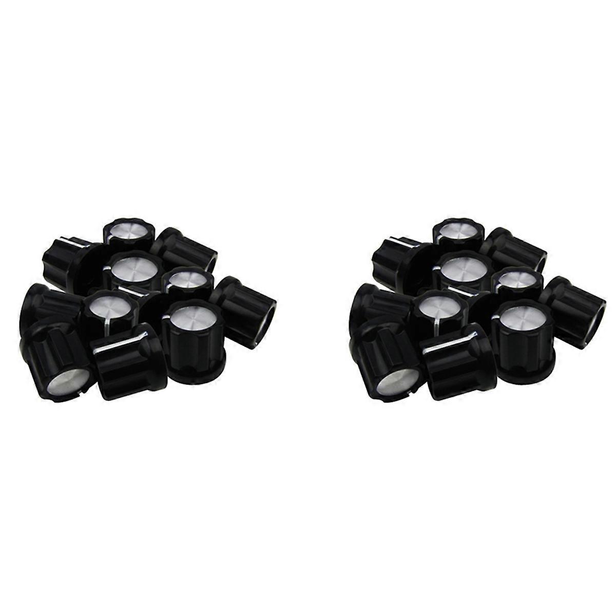 D-Type Shaft Guitar Bass Pot Knobs Amp Knobs Buttons Caps, Black With Silver Top, Pack Of 12