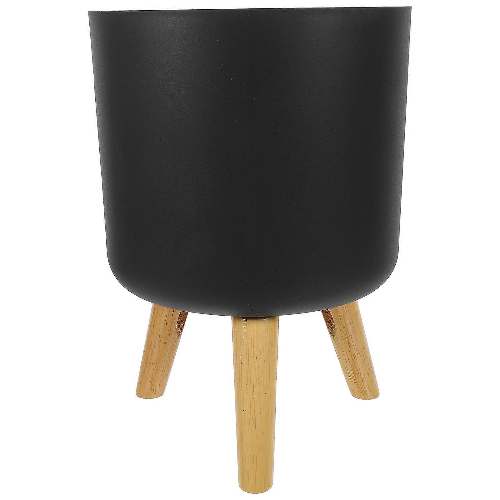 Grey Flower Pot with Wood Stand for Home ABS and Wood Planter 7.5 Inches